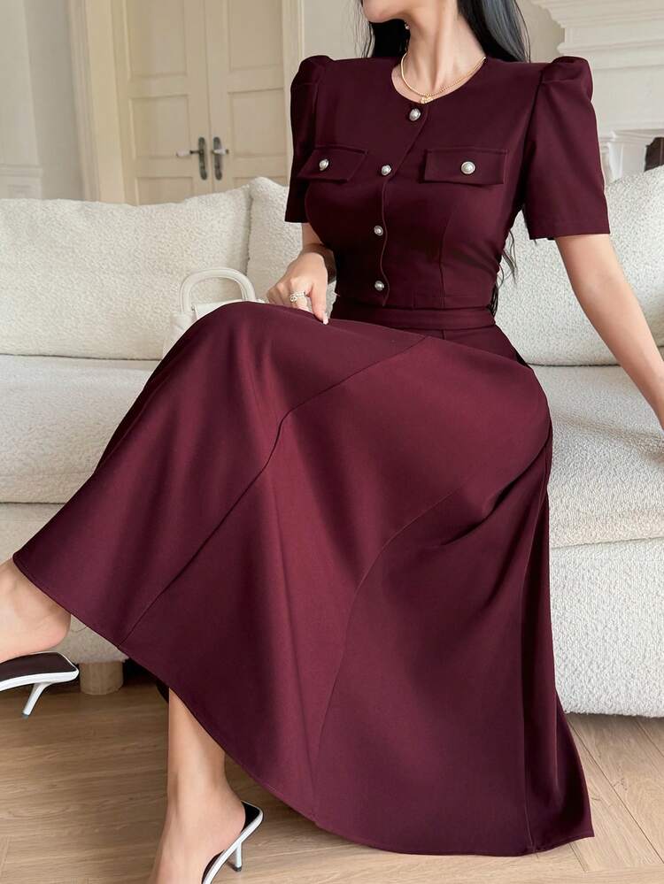 Spring/Summer Elegant 2 Pieces Set, Waist Cinched Top And Skirt Suit, Casual, Work, Wedding, Romantic