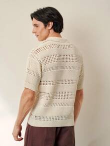 RONVEXI Men's Solid Color Hollow Out Casual Polo Collar Short Sleeve Knit Top Mens Crochet Shirt Fishnet Shirt Men Open Knit Shirt Men Mens Summer Tops V-Neck Sweater Short Sleeve Mens V Neck Sweater Short Sleeve Mens - Apricot - View 3