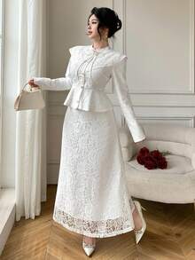 DAZY 优雅白色蕾丝缎带系腰披肩领上衣和半裙两件套，适合情人节、婚礼等场合。 - 米色 - 查看 4