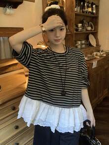 DAZY Women's Round Neck Striped Casual Summer Korean Style Contrast Color Ruffle Trim T-Shirt - Black - View 6