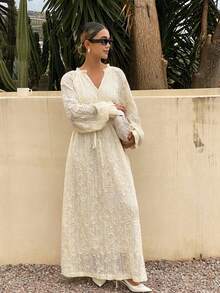 Livesso Frühlings- und Sommer-Loose Lässig Urlaubsstil Hohlspitze Kleid mit geraffter Taille, weißes knöchellanges Kleid für Frauen - Beige - Übersicht 1