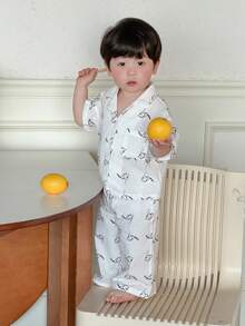 DAZY 2 piezas Conjunto de camisa con cuello y pantalones con estampado de dibujos animados para niños pequeños, ropa cómoda para el hogar - Blanco - Ver 4