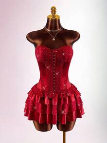 Amplova Women's Strapless Sequin Mini Dress With Waist Cutout, Sexy And Suitable For Valentine's Day, New Year Date Night - Cherry Red - View 5