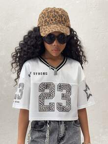 Coolane Kids Tween Girls Summer/Spring, Streetwear Sparkly Breathable Mesh Number Pattern White V-Neck Short Jersey Tees,Back To School ,Y2K,Jersey T-Shirt - White - View 2