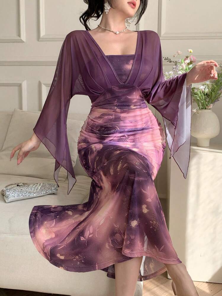 Women's Elegant Patchwork Print Ruffle Sleeve Mid-Length Dress, Autumn Wedding Guest Dress Sundress