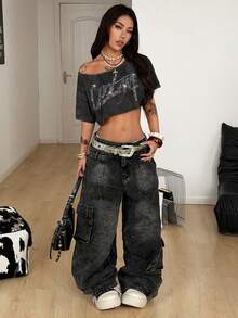 Coolane Casual Women Outfits Spring/Summer Streetwear Casual Going Out Y2K Sport Casual Graphic Off Shoulder Slouchy Cropped Black Diamond Pattern Glitter Washed Grunge Off The Shoulder Crop T-Shirt - Black - View 7