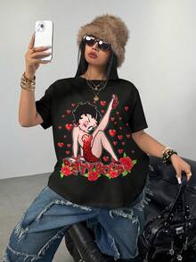 Betty Boop x SHEIN Áo thun tay ngắn cổ tròn in hình dáng người, cỡ lớn, phong cách thường ngày, dành cho mùa hè. - trắng - Xem 7