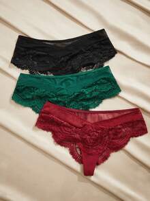 Charlaine 3pcs Solid Color V-Waist, Floral Lace, Lace Patchwork, Fashionable, Sexy, Everyday, Comfortable, Casual Women's Panties - Multicolor - View 2