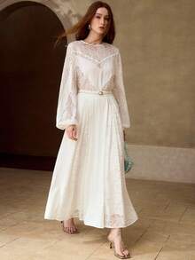 MOTF PREMIUM WOMEN'S ROMANTIC LACE PATCHWORK ROUND NECK LONG SLEEVE BLOUSE, SPRING/SUMMER - White - View 1