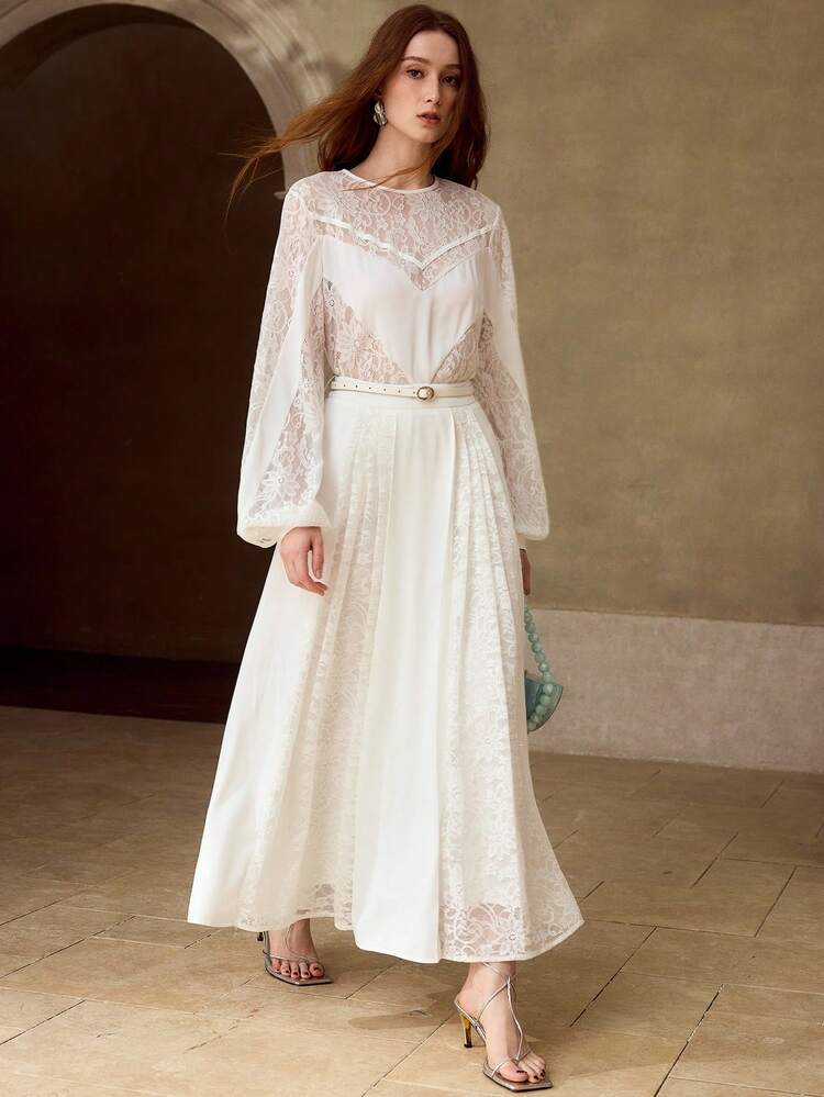 BLOUSE FEMME À COL ROND ROMANTIQUE EN DENTELLE PATCHWORK, PRINTEMPS/ÉTÉ