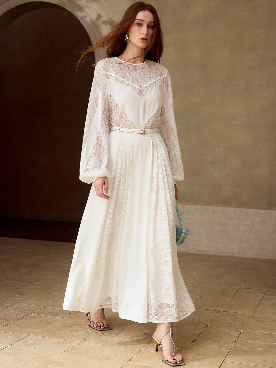 MOTF PREMIUM WOMEN'S ROMANTIC LACE PATCHWORK ROUND NECK LONG SLEEVE BLOUSE, SPRING/SUMMER - White - View 1