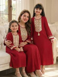 SHEIN Áo choàng dài tay màu đỏ tía thêu tua rua trang trí dành cho bé gái tuổi teen - Màu Đỏ Sâu - Xem 8