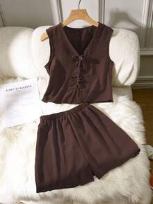 SHEIN 2pcs/Set Casual Minimalist Fashion Set For Teenage Girls, Includes Solid Color Sleeveless Cardigan With Bow And Solid Color Casual Shorts, Suitable For Daily Wear, Walking, And Staying At Home