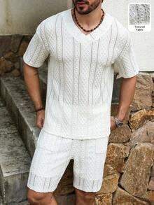 VENTUSAIL Men's Beach Vacation Casual V-Neck T-Shirt & Shorts Set - Apricot - View 4