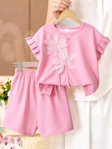 女童甜美清新风立体花朵装饰荷叶边短袖上衣+宽松短裤休闲套装日常夏季两件套 - 粉色 - 查看 7