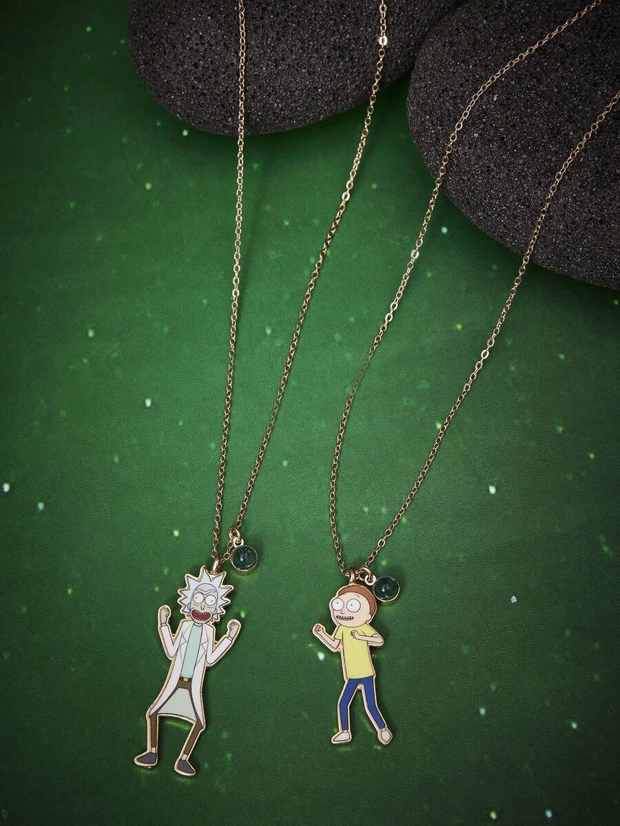 Rick and Morty X SHEIN 锌合金卡通图案印花精致链条项链套装，简约优雅，适合派对、音乐会、节日等场合佩戴。 - 金色 - 查看 1
