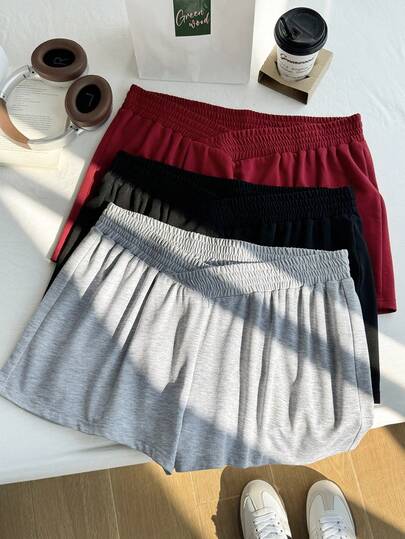 Comfortcana Plus Size Casual Solid Color Shorts, Summer Casual Resort Style Relaxed Fit Homey Feel Multi-Color Crossed Waistband Three-Piece Set Shorts Comfortable Soft Shorts Elastic Waistband