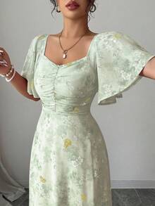 Modelyn Women's Chiffon Butterfly Print Bat Wing Pleated Hem Sweet French Style Mini Dress, Summer - Green - View 4