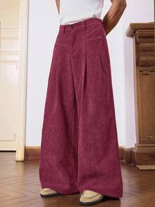 SWAVVY 男士纯色褶裥阔腿宽松休闲裤 - 酒紅色 - 查看 2