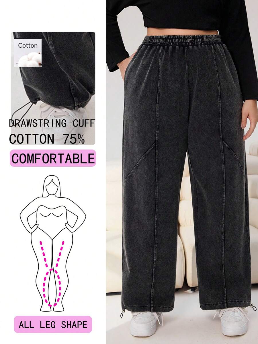 Solflare Plus Size 2026 Spring&Summer Adjustable Hem Soft Comfortable Relaxed Fit Sweatpants,Grey Baggy Casual Curve Loungewear, Drawstring Cuff Pants - Black - View 1