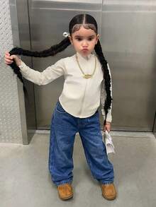 SHEIN Young Girls' Brown Denim Loose Fit Cargo Pants - Medium Wash - View 4