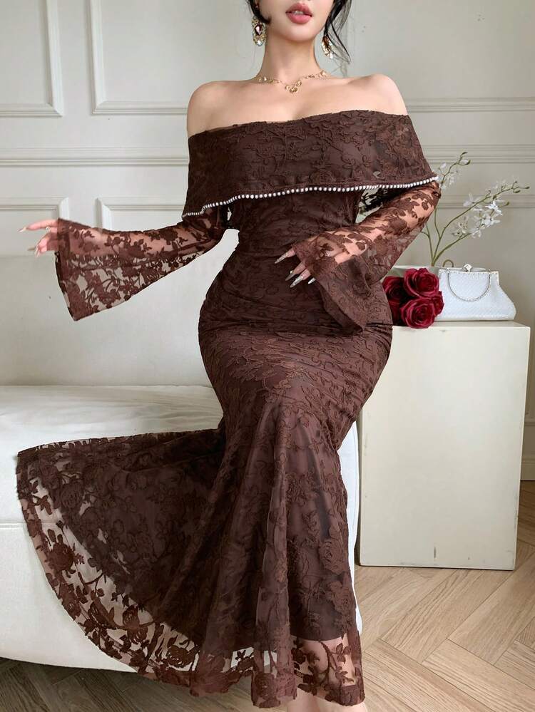 Spring & Summer Fashion Brown 3D Pearl Decor Shiny Off-Shoulder Lace Dress, Elegant Slim Waist Casual/Wedding/Vacation Mesh Patchwork Fishtail Dress For Women Wedding Guest Dress Maxi Dress Sundress