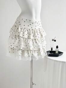Sweetra Beige Polka Dot Jacquard Textured Fabric Lace Trim Slimming Sexy Sweet Y2K Multi-Layered A-Line Puff Cake Skirt Mini Skirt - Beige - View 1