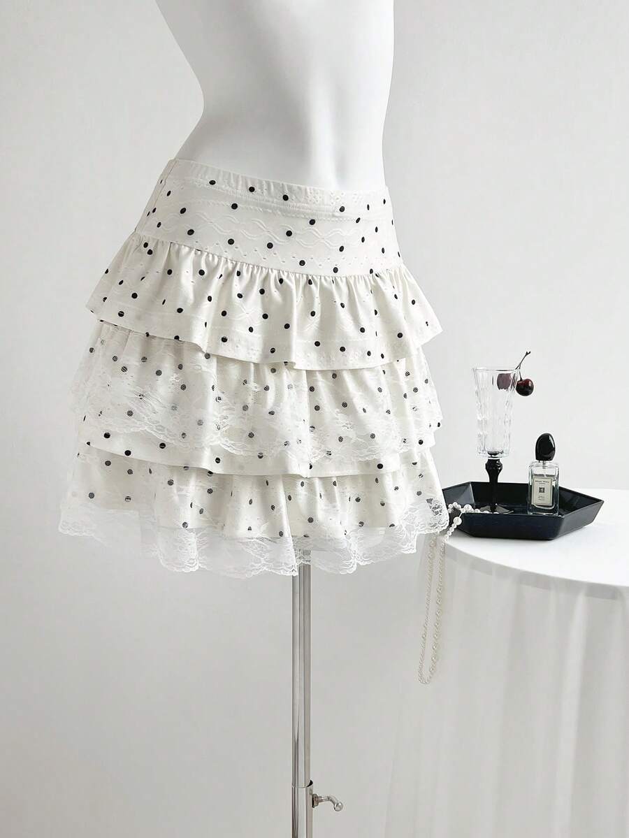 Sweetra Beige Polka Dot Jacquard Textured Fabric Lace Trim Slimming Sexy Sweet Y2K Multi-Layered A-Line Puff Cake Skirt Mini Skirt - Beige - View 1