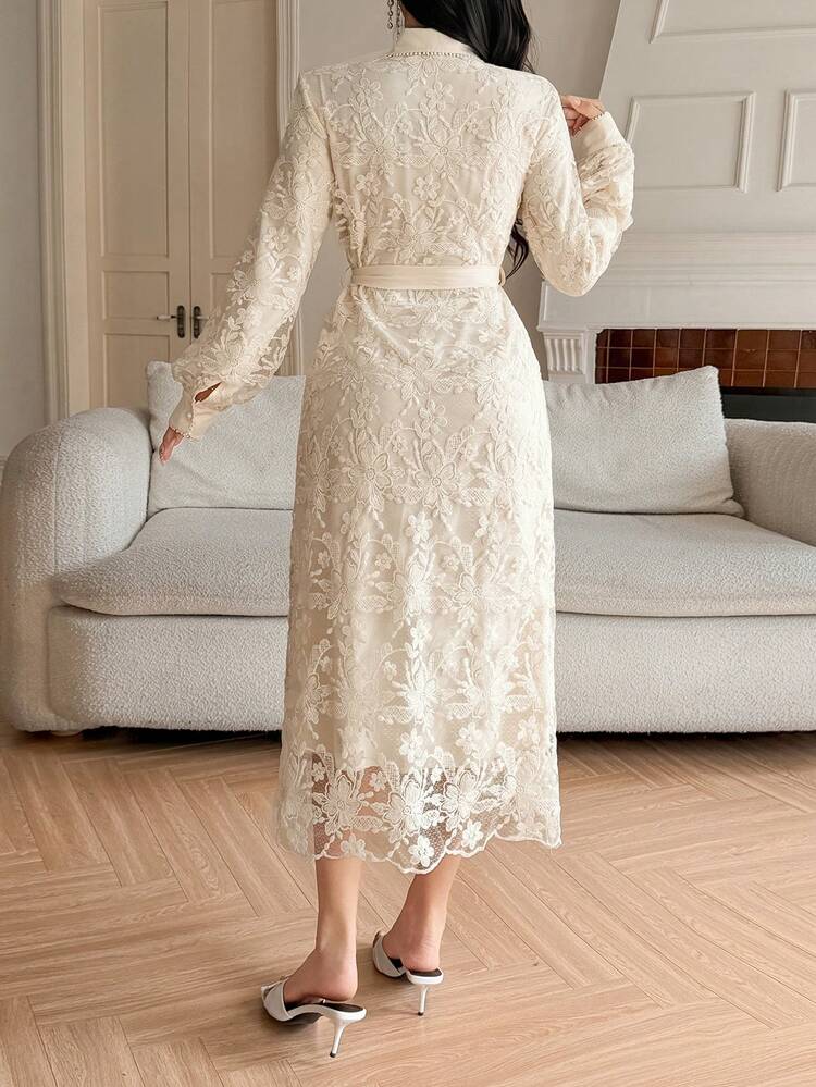 Women's Elegant Lace Patchwork Collar Belted Long Dress, Spring/Summer Wedding Guest Dress Sundress