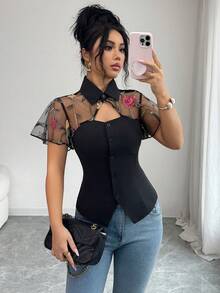 Elenzga Black Shirt Collar Patchwork Delicate Mesh Embroidered Floral Ruffle Sleeve Blouse, Suitable For Summer Wear - Black - View 7