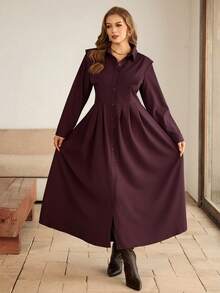 Roveilla Plus Size Women's Burgundy Autumn Elegant Formal Solid Color Open Front Button Down Waist Pleated A-Line Long Sleeve Midi Dress,French Retro Style - Maroon - View 5