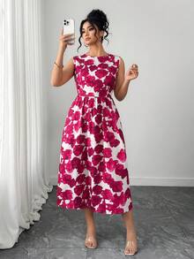 Elenzga 大码优雅圆领碎花无袖喇叭连衣裙 粉色玫瑰印花连衣裙 无袖碎花中长连衣裙 茶会连衣裙 女士连衣裙 中长碎花连衣裙 女士春季穿搭 春季连衣裙 女士优雅连衣裙 女士优雅连衣裙 女士度假穿搭 女士夏季假日穿搭 - 粉色 - 查看 3