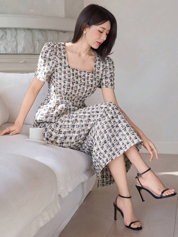 Women's Elegant Textured Square Neck Puff Sleeve Dress, Summer Wedding Guest Dress Maxi Dress Sundress