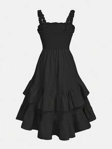 SHEIN Serisse Kids 少女杏色胸部褶皱多层不对称吊带腰身优雅连衣裙，法式仙女裙，春季郊游，情人节，生日派对，圣诞派对，情人节，女孩优雅黑色连衣裙，少女短款吊带优雅连衣裙，少女荷叶边连衣裙 - 黑色 - 查看 3