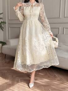 DAZY Abito lungo elegante da donna con lacci, abito da cerimonia primaverile/estivo per matrimoni - Albicocca - Visualizzare 5