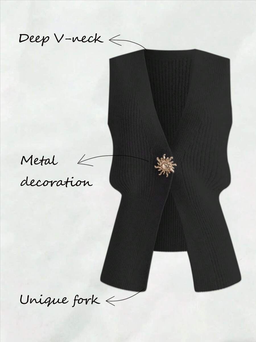 Franclia New Unique French Design Niche Elegant Versatile Chic Women Metal Sun Decor Sleeveless Cardigan