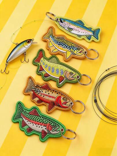 Joivida 1pc Salmon Woven Label Keychain - Outdoor Fishing Themed Fabric Key Ring, Stylish Salmon Pattern Pendant For Camping & Adventure Enthusiasts