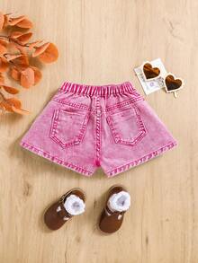 SHEIN Young Girls Cute Washed Comfortable Soft Denim Skort - Pink - View 2