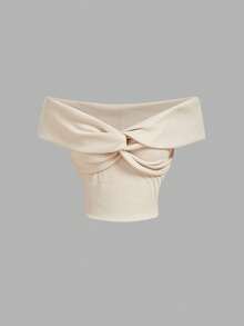 SHEIN MOD 1件/套 女士纯色露肩扭结前襟上衣，春季，多件装，情人节，女士情人节服装，狂欢节，无肩带上衣，70年代，复古，怀旧 - 彩色 - 查看 10