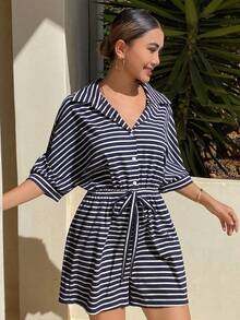 DAZY Women's Minimalist Striped Short Jumpsuit Loungewear - Blue - View 5