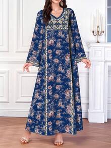 SHEIN Najma Women's Floral Retro Print V-Neck Long Sleeve Maxi Dress, Elegant Arabic Style, Spring/Autumn - Multicolor - View 1