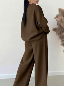 EMERY ROSE 女士纯色圆领长袖卫衣和阔腿裤休闲两件套 - 棕色 - 查看 2