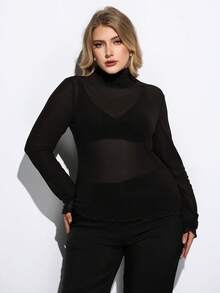 Maija 大码女式高领长袖修身透视上衣，都市通勤商务休闲基础款上衣，黑色透视上衣 - 黑色 - 查看 6