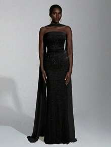 Elitara 优雅奢华的3D串珠无肩带修身及地长款可拆卸挂脖连衣裙，适合约会、度假、单身派对、生日、毕业典礼、婚礼、正式晚宴等场合。 - 黑色 - 查看 5