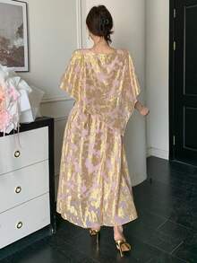 DAZY 女士优雅箔印不对称下摆上衣和半裙两件套，夏季 - 金色 - 查看 4