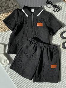 SHEIN 两件套男童休闲街头风 Polo 领拉链连帽衫上衣和针织短裤套装 - 黑色 - 查看 5
