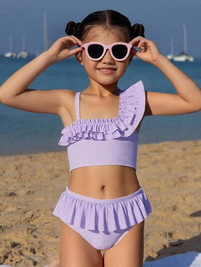 Young Girls Bikini Sets Purple And White Stripes Cute Lotus Leaf Double Layered Slant Shoulder Flyedge Single Adjustable Shoulder Strap Ruffle Hem Triangle Swimwear Split Two Pieces Set Suitable For Summer Vacation Beach Beach Swimming Pool Summer Party Leisure Play Girls Lavender Swimwears Swimwears For Eight Year Old Two Pieces With Ruffles Young Girl 2 Pieces Ruffled Bikini