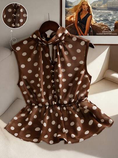 GlowEve Blusa Elegante e Casual Feminina de Gola Redonda, Marrom Café, Decote Único, Design de Cintura, Sem Mangas, Ajustada e Evasê, Primavera/Verão