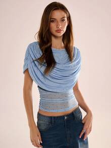 Avenya Polka Dot Blue Brown Mesh Knit Draped Top Cape Detail T-Shirt, Stylish Street Wear, Beach Vacation, Italian Holiday, Going Out, Old Money, Cruise, Brunch, Office, Teacher Outfits, Three-Dimensional Cutting Style, Office Siren, Sexy Goddess, Spicy Girl Style, Y2K, Homecoming, Summer&Autumn, Elegant, Carnival, Vacation, Party - Blue - View 1