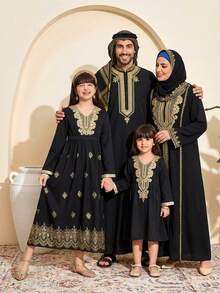 Girls' Dress, Middle Eastern Style Embroidered Collar, Metallic Foil Print, Elegant & Luxurious, Suitable For Spring/Autumn Everyday Wear - Black - View 1